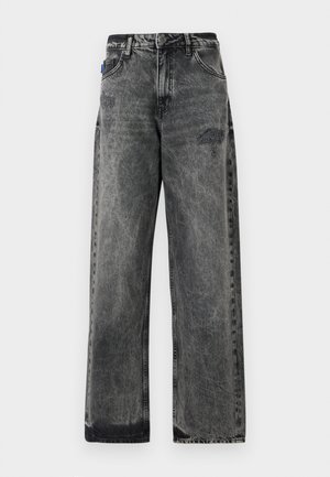 Wide-leg black denim jeans with a faded wash, distressed detailing on the front, and standard five-pocket design.