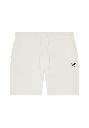 Shorts en tissu blanc côtelé avec taille élastique et cordon de serrage, arborant un petit logo noir de sabres croisés et d'un couperet sur la jambe droite.