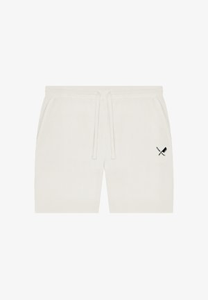 Witte geribbelde stofshorts met elastische tailleband en trekkoord, met een klein zwart logo van gekruiste zwaarden en een hakmes op het rechterbeen.