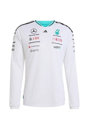 Long-sleeve white shirt with geometric texture, turquoise accents, and various colored logos printed on the front and sleeves.