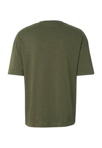 T-shirt uni vert olive à manches courtes, vu de dos, avec un col rond et une coupe décontractée.