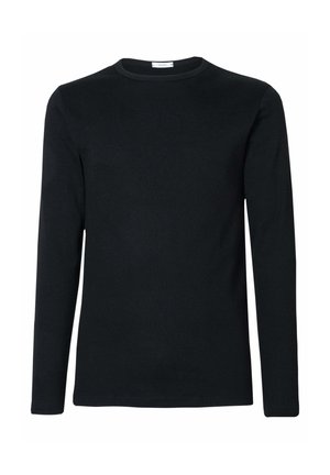 Maglietta nera a maniche lunghe in cotone, con collo rotondo e una texture liscia e morbida, senza stampe o disegni visibili.