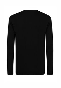 Zwarte crewneck trui met lange mouwen, gemaakt van een zachte stof. Heeft ribgebreide manchetten en zoom, eenvoudige ontwerp, zonder zichtbare patronen.