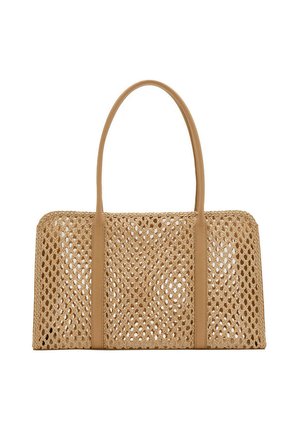 Sac à main tissé rectangulaire couleur fauve avec deux longues poignées lisses et un motif en treillis ouvert sur l'ensemble du corps du sac.