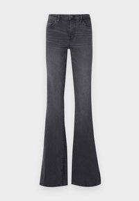 High-waisted flared jeans in dark gray denim, featuring front pockets, a button closure, and a smooth texture with a slight fade.