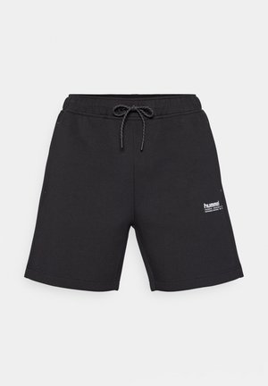 Pantaloncini sportivi neri con vita elastica e coulisse, piccolo logo bianco Hummel sulla coscia sinistra, sfondo semplice.