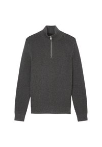 Grauer Rippstrickpullover mit hohem Kragen und einem Viertel-Reißverschluss. Weicher Stoff mit langen Ärmeln und einem taillierten Saum.