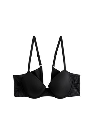 Schwarzer Bügel-BH mit verstellbaren dünnen Trägern und geometrisch gemusterten, breiten Seitenbändern.