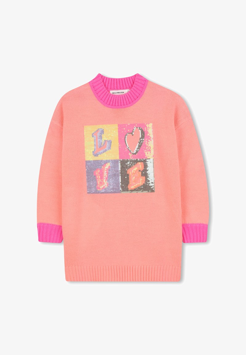 Maglione rosa con colletto e polsini fucsia, decorato con blocchi di paillettes multicolori che formano la scritta "LOVE" e una forma a cuore.