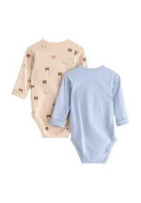 Langärmliger Babybody-Set, einer in Beige mit Bärenmotiv, einer in einfarbigem Hellblau, aus weicher Baumwolle, mit Druckknopfverschluss im Schritt.
