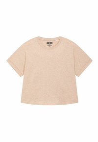 Beige T-shirt met korte mouwen en een ronde halslijn. Gemaakt van een zachte, gestructureerde stof. Heeft een label aan de binnenkant van de hals.