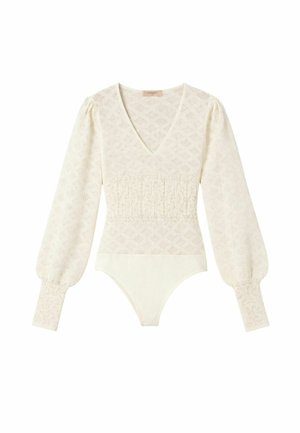 Body in pizzo color crema con maniche lunghe, scollo a V, vita arricciata, maniche a sbuffo e polsini aderenti.