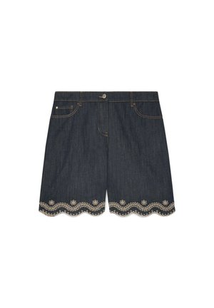 Ciemne szorty z denimu z przednimi kieszeniami, zapięciem na guziki i falowanym obrzeżem wyszywanym wzorami kwiatowymi i liściastymi jasną nicią.