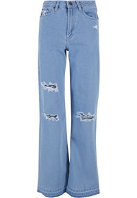 Svetlomodré široké džíny vyrobené z denimu, s roztrhnutými miestami vpredu, s gombíkovým zapínaním a klasickým dizajnom s piatimi vreckami.