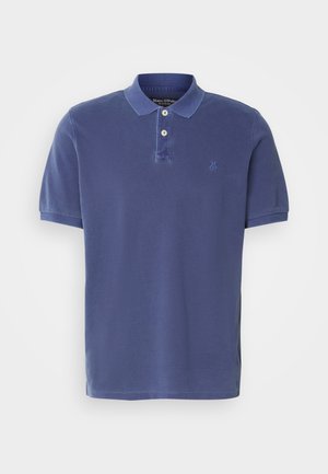 Navy blue polo shirt made of cotton, featuring a three-button placket, short sleeves, and a small logo on the chest. Simple design.