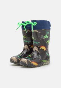 Bottes de pluie en caoutchouc noir avec un motif de dinosaure dans différentes couleurs, dotées d'un haut revers bleu et de lacets vert fluo. Semelles texturées.