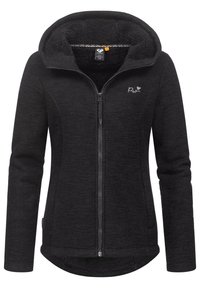 Černá fleecová bunda s předním zipem, podšitou kapucí a texturovanou látkou. Na hrudi je logo a bunda má zaoblený lem.