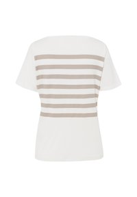 White t-shirt with short sleeves, featuring horizontal beige stripes across the back. Soft material with a relaxed fit and a round neckline.