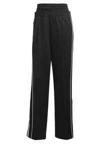 Svarta sweatpants med elastisk midja, sidofickor och vertikala vita ränder längs yttersemmarna. Tillverkade av mjukt och stretchigt tyg.