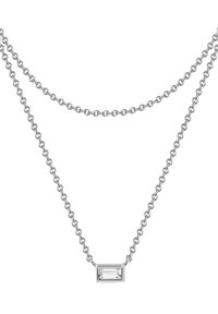 Collar de cadena de plata con dos capas, que presenta un colgante rectangular transparente en el centro. Enlaces suaves, diseño minimalista.