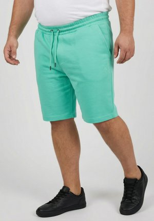 Uomo che indossa pantaloncini turchese con coulisse e sneaker nere, in piedi su sfondo bianco.