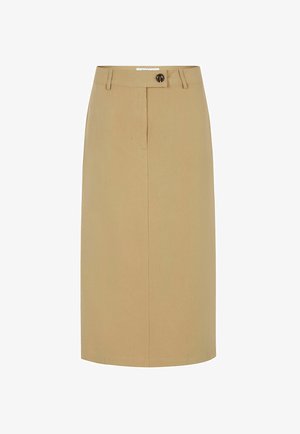 Fustă bej dreaptă până la genunchi, cu buzunare pentru curea, închidere frontală cu nasturi și un design curat, minimal.
