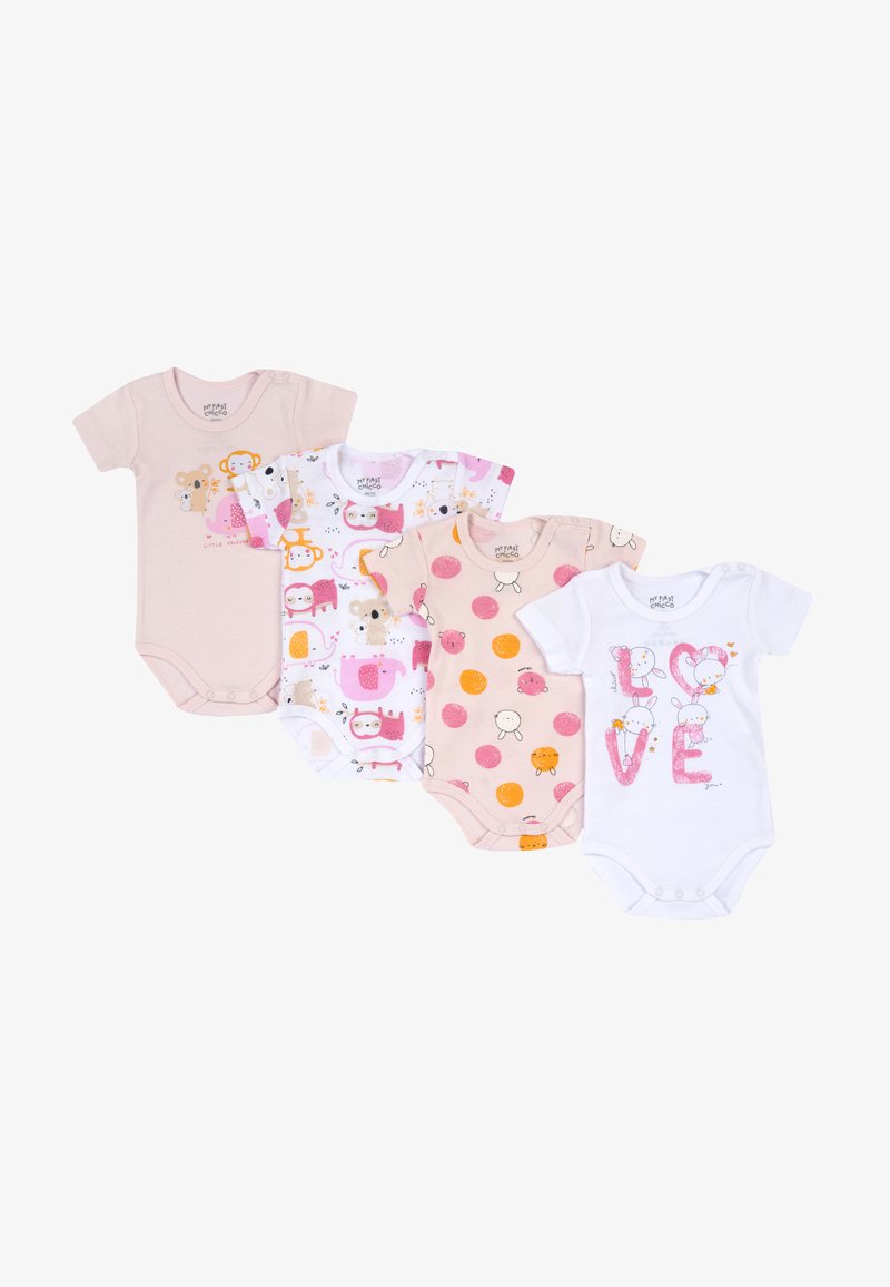 Ensemble de quatre bodies pour bébé en coton doux. Comprend des designs variés : imprimés animaux, pois et texte "LOVE" en rose sur fond blanc.