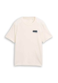 Katoenen T-shirt in crème met korte mouwen, ronde hals en een blauwe rechthoekige grafische details nabij de borst. Zachte, gladde textuur.