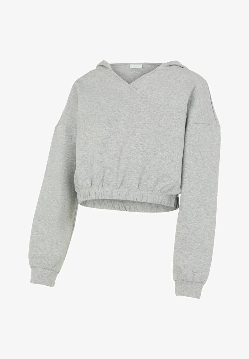 Hoodie gris clair raccourci à manches longues, taille élastique et col en V.
