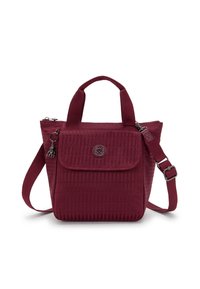 Maroon tote bag with textured fabric, dual top handles, and a detachable shoulder strap. Features a flap and embossed logo detail.