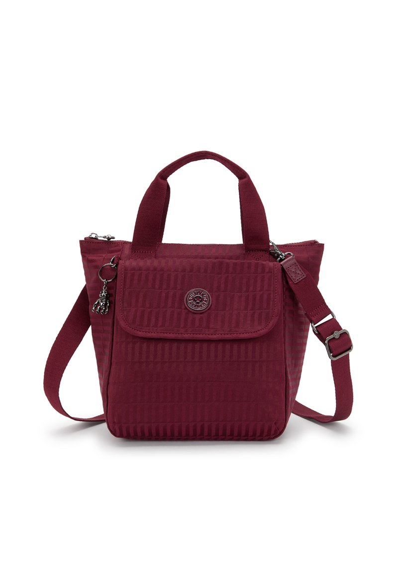Maroon tote bag with textured fabric, dual top handles, and a detachable shoulder strap. Features a flap and embossed logo detail.