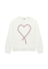 Weißes Sweatshirt mit einem Herzen-Design aus rosa Spitze. Mit Rundhalsausschnitt und langen Ärmeln mit schmalen Bündchen. Weiche Textur und lässige Passform.