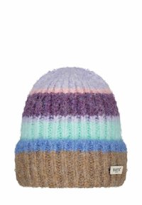 Multicolored knit beanie featuring horizontal stripes in purple, pink, mint, and blue, with a ribbed brown base and a small brand label.