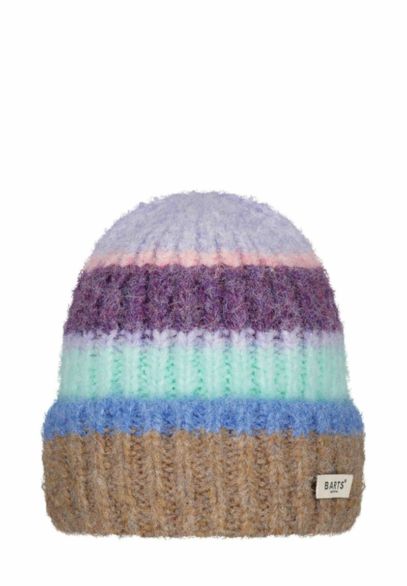 Multicolored knit beanie featuring horizontal stripes in purple, pink, mint, and blue, with a ribbed brown base and a small brand label.