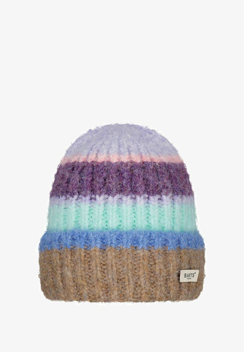 Multicolored knit beanie featuring horizontal stripes in purple, pink, mint, and blue, with a ribbed brown base and a small brand label.