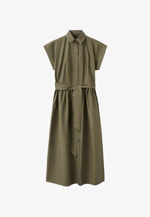 Haljina maslinasto zelene boje od mekog materijala, s prednjim kopčanjem na gumbe, kratkim rukavima, strukom s remenom i lepršavom suknjom.