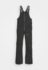 Black waterproof bib overalls feature adjustable straps, a front zipper, and multiple pockets, with reinforced leg panels for durability.