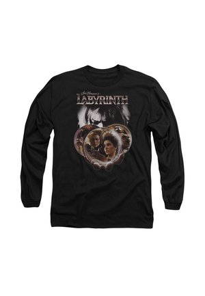 Schwarzes Langarmshirt mit einem Grafikdruck von "Labyrinth", der Charaktere und das Gesicht einer markanten Figur in einem kreisförmigen Design zeigt.