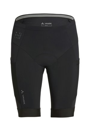 Schwarze Vaude-Radhose mit gepolstertem Sitz, Netzbund und reflektierenden Markenlogos am linken Oberschenkel und an der rechten Seite.