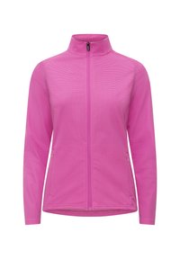 Lätt rosa zip-jacka med hög krage, långa ärmar, texturerat tyg och sidofickor.
