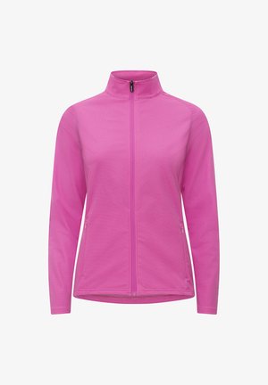 Kevyt vaaleanpunainen vetoketjullinen takki, jossa on korkea kaulus, pitkät hihat, teksturoitu kangas ja sivutaskut.