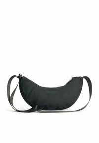 Black crescent-shaped crossbody bag with adjustable strap and zipper closure, marked with subtle "TRETORN" logo on front.