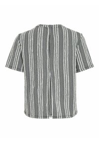 Short-sleeve shirt in a textured fabric featuring black and white vertical stripes with a straight cut and open back detail.