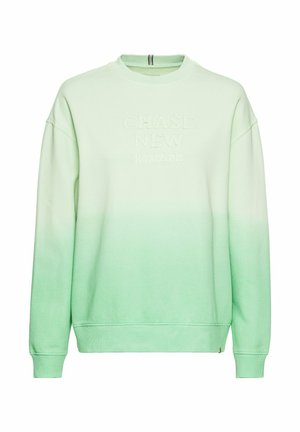Hellgrüner Pullover mit Ombre-Effekt, ausgestattet mit besticktem Text "CHASE NEW HORIZONS", Rippbündchen und -saum sowie einem Rundhalsausschnitt.