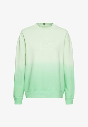 Jasnozielony sweter z efektem ombre, z haftowanym napisem "CHASE NEW HORIZONS", ściągaczami przy mankietach i u dołu, oraz okrągłym dekoltem.