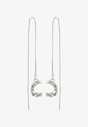 Silver drop earrings with a crescent moon design, adorned with colorful gemstones, featuring a delicate chain and straight wire backing.
