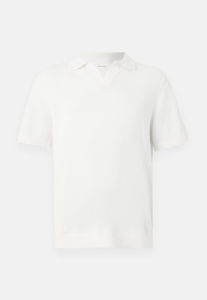 White short-sleeve polo shirt with a textured knit design, featuring a V-neck collar and ribbed cuffs for a fitted finish.
