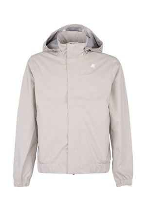 Lichtgrijze waterdichte jas met capuchon, elastische manchetten, ritssluiting aan de voorkant met stormflap en klein logo op de linkerborst.