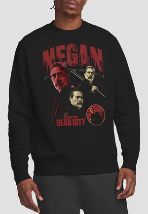Black sweatshirt featuring three images of a man with a beard, one holding a baseball bat, with "MEGAN" and "Walking Dead Dead City" text in red.