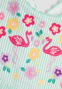 Izšūta auduma, kas attēlo rozā flamingo un krāsainas puķes uz zaļi un baltā svītrainā fona, ar viļņotu malu detaļām.